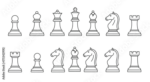 Outlined chess pieces arranged in a symmetrical black and white pattern