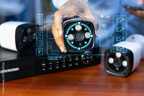 Foto The concept of CCTV and IP camera users setting up camera equipment