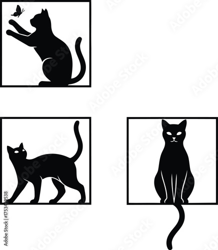Three black cat silhouettes in square frames playing and sitting