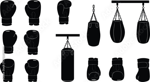 boxing, glove, punch, bag, sport, fight, training, gym, workout, exercise, martial, combat, strength, power, athlete, silhouette, vector, design, illustration, equipment
