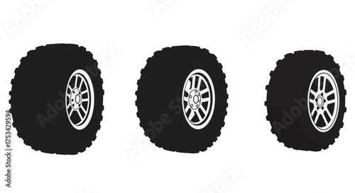 Three stylized off road tires presented in a simple black and white illustration