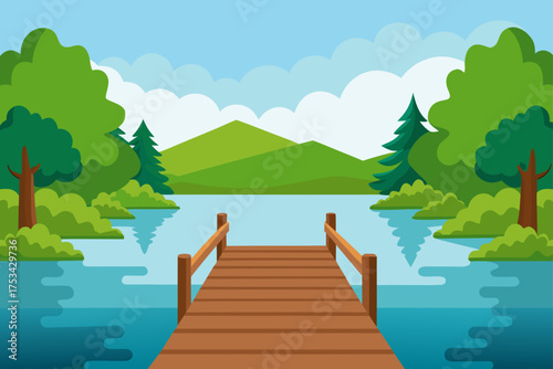 Illustration of a lake with a wooden pier