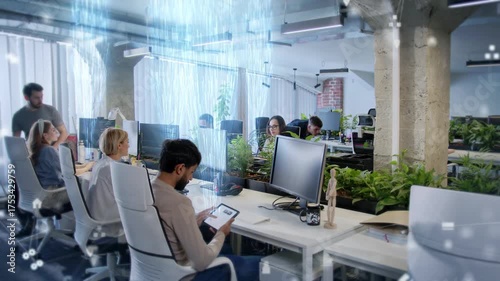 People working in modern eco-friendly office using computers and tablets surrounded by plants. Blue holographic data streams rising into digital cloud. Symbolizing cloud computing and connectivity.