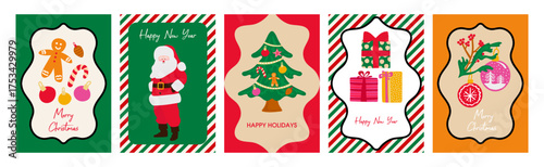 A set of bright Christmas and New Year's cards featuring Santa, Christmas tree decorations, a Christmas tree, and a gingerbread man.