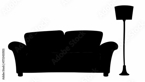 A silhouette of a loveseat sofa next to a floor lamp with a lampshade in a minimalist style decor scene