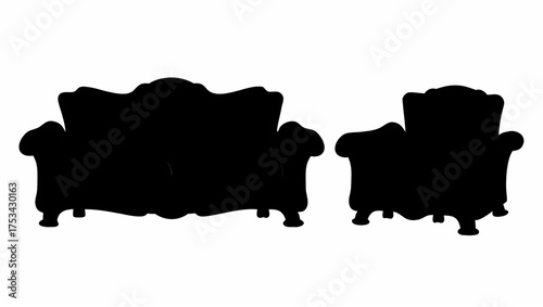 Silhouette of a loveseat and armchair with ornate designs and visible legs against a white background