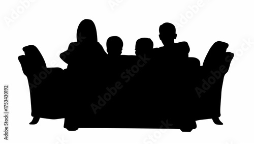 Silhouette of four people sitting on a large sofa with armrests and legs in a dark solid color design