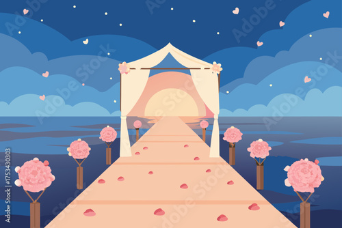 Wedding aisle with flowers and ocean view