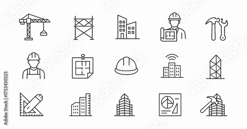 Construction and Architecture Line Icons – Building, Engineering, and Urban Design Set