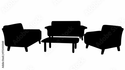 Silhouette of a living room set featuring two armchairs a loveseat and a small rectangular ottoman on white