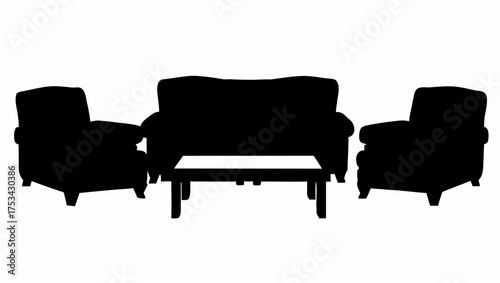Silhouette of a living room set with two armchairs a loveseat and a coffee table in a minimalist style
