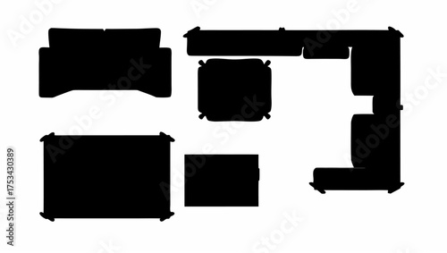 Top view of a living room furniture arrangement featuring a sofa sectional and various seating pieces