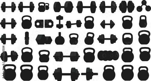 dumbbell, kettlebell, weight, fitness, gym, workout, exercise, training, bodybuilding, strength, sport, power, lifting, equipment, muscle, health, silhouette, vector, design, illustration