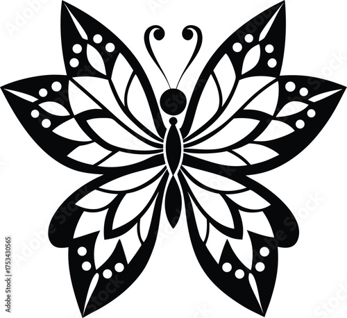 Elegant black and white stylized butterfly silhouette with intricate symmetrical wing patterns and antennae. butterfly icon.