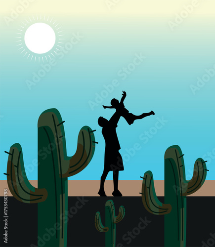 Father and Child Silhouette in Desert Sunset