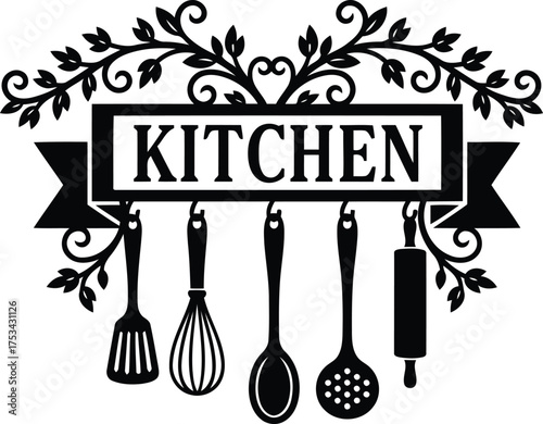 Decorative kitchen sign with hanging utensils and ornate flourishes
