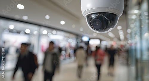 A close-up of a surveillance camera, overlooking a blurred, bustling shopping mall