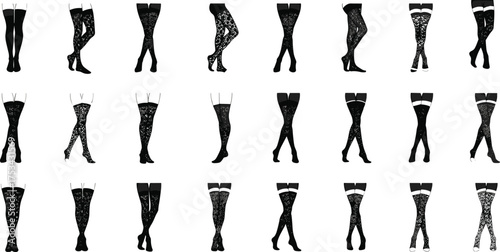 Elegant women legs silhouette, thigh high stockings, lace tights, patterned hosiery, fashion illustration, lingerie design, sexy style, vector art