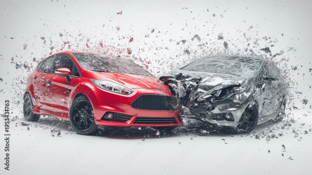 Naklejka premium High-impact collision of two compact cars creating dramatic shattering effect in studio setting