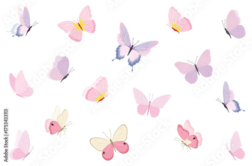 Butterfly collection. Colorful illustration. Butterflies clipart set. Baby shower design elements. Party invitation, birthday celebration. Spring, summer decoration. Pink yellow red wings