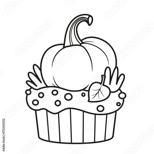Biscuit cake with Halloween pumpkin decoration outline for coloring page on white background