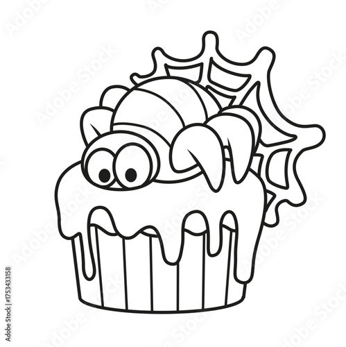 Biscuit cake with Halloween Spyder on web decoration outline for coloring page on white background