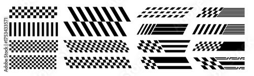 Racing Stripes and Checkered Flag Vector Set. Racing Banner Vectors speed Lines, checkered flag designs, racing stripe speed, decal patterns, dynamic lines, competition, automotive graphics design