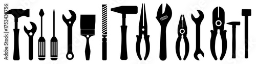 Silhouettes of tools and tools for construction, tools, house tools, handyman toolbelt, handyman toolbox, handyman, construction tool. 
