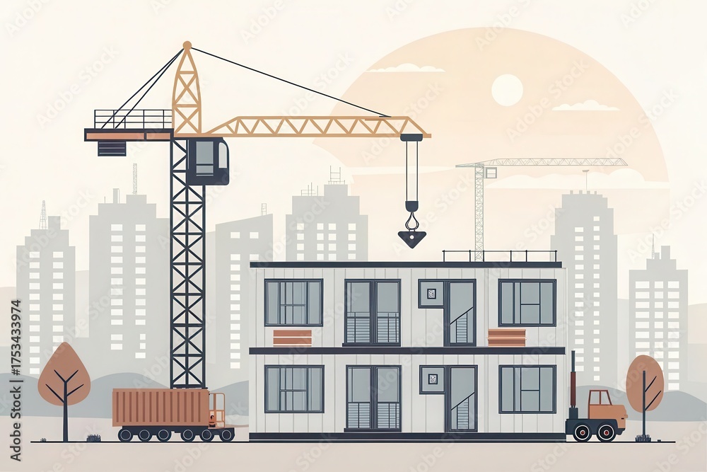 Obraz premium Construction site with crane lifting materials, modern buildings in background, urban setting