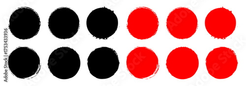 Collection of black and red grunge circles. Grunge round shapes. Round brush stamp collection. Japanese and chinese calligraphy round shapes.