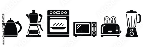 modern kitchen appliances black icon set showing coffee maker, blender, stove, and toaster, minimal cooking equipment vector for food, culinary, cooking, restaurant and home essentials