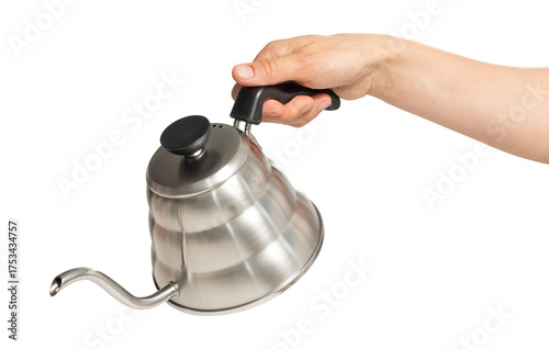 PNG image of a gooseneck kettle held in a human hand. Isolated on transparent background. Ideal for alternative coffee brewing methods such as pour-over or drip.