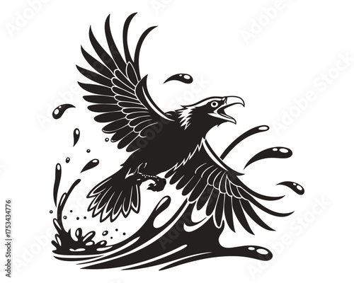 A dynamic black ink illustration of a raven in mid-flight, with wings spread wide, surrounded by abstract splashes and droplets