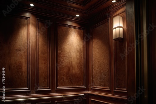 Interior view of a wooden paneled elevator, showcasing the luxury, design, and lighting