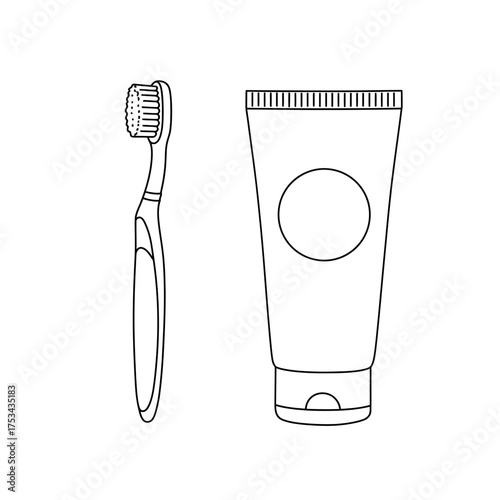 Toothbrush and Toothpaste Line Art.