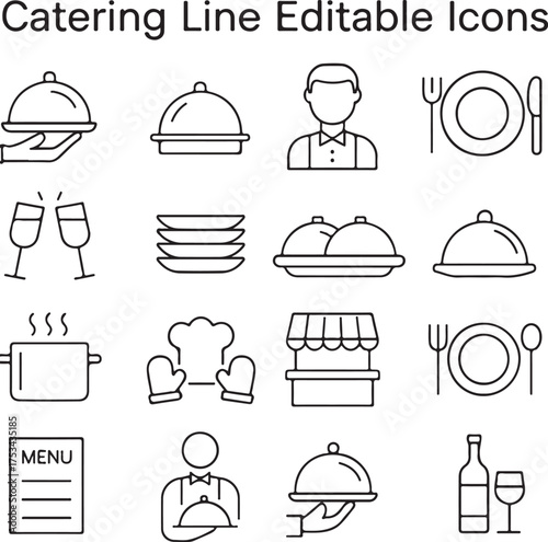 Catering line editable icons set food service restaurant event management culinary hospitality theme graphics