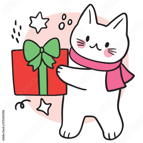 Illustration of Cat with Christmas Gift.