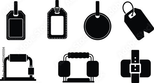 Luggage tag silhouette, travel ID vector, keychain design illustration, gym equipment clip art, workout accessory set, fitness training gear icons