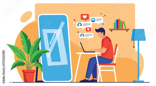 Vector art of a man working on a laptop with social media notifications in a modern room, showcasing the digital lifestyle