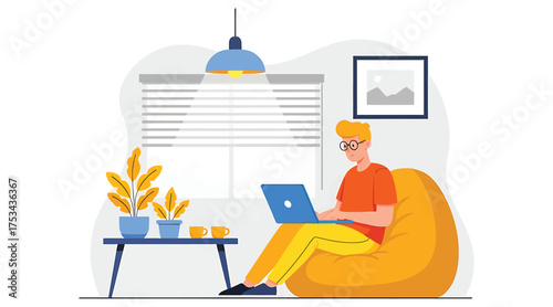 Vector art of a young man works from home, sitting on a beanbag chair with his laptop, enjoying the flexibility and comfort of remote work, with a plant and coffee on the table