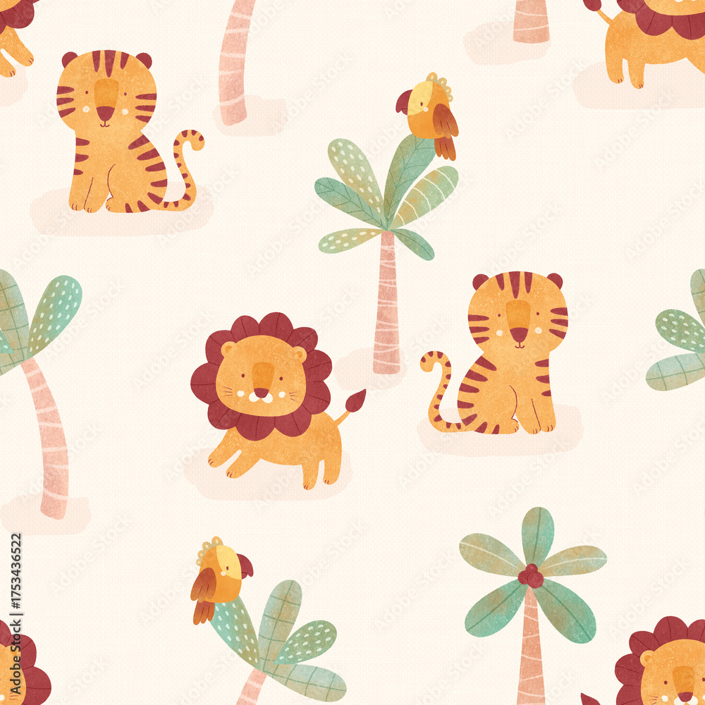 Fototapeta premium Cute lions, tigers, and parrots playing among tropical palms in a warm, cheerful jungle pattern