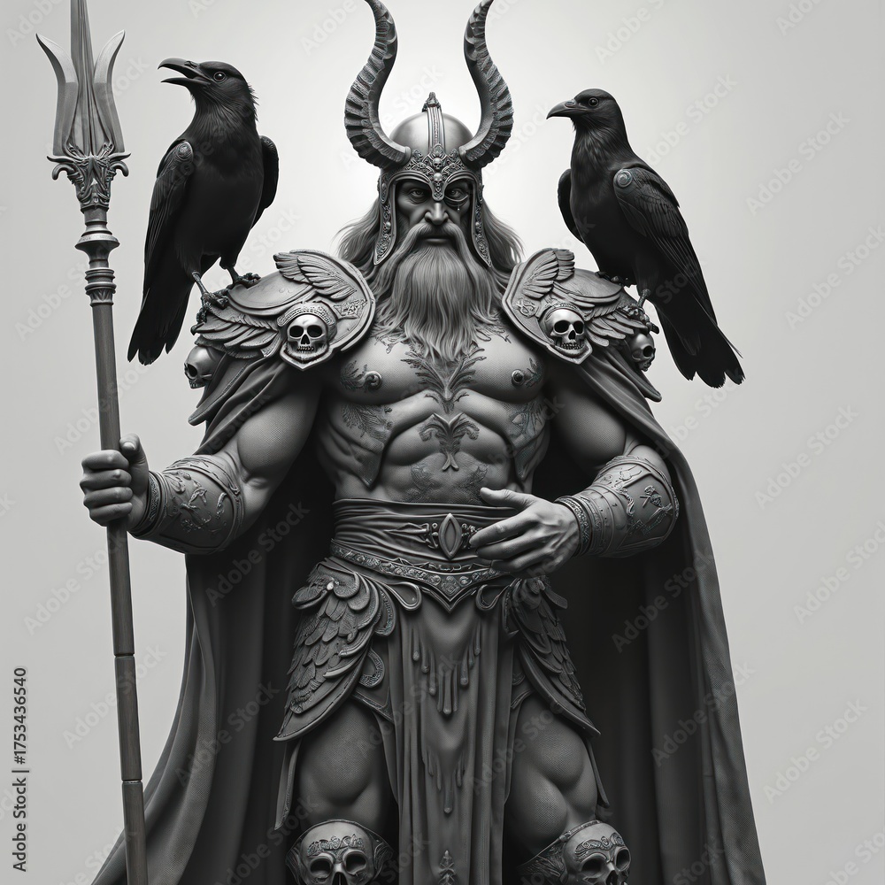 Obraz premium Illustration of Odin in horned helmet with ravens. God holds spear. Mythology themed image. Powerful nordic god of wisdom. Norse mythology concept. Fantasy illustration ideal for books articles about