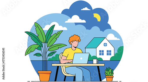 Vector art of a freelancer works from home, enjoying the flexibility of remote work with a laptop on the desk, with a house and clouds in the background, surrounded by nature