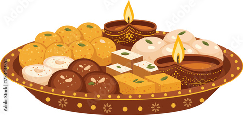 A festive platter filled with assorted Indian sweets and lit diyas, symbolizing celebration and tradition.
