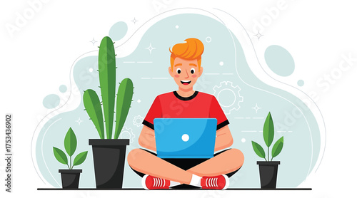 Vector art of a young man is sitting crosslegged on the floor with a laptop, surrounded by potted plants, smiling, and working from home