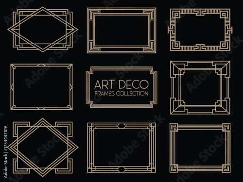 Vintage 1920s Art Deco Borders Pack,  Elegant golden geometric frame designs with abstract ornaments, suitable for invitations, branding, packaging, interior prints, and luxury decorative design proje