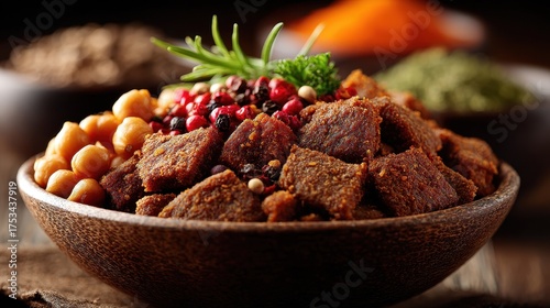 Delicious Vegan Meat Cubes with Chickpeas and Herbs in Wooden Bowl