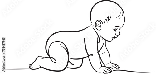 Minimalist Continuous Line Drawing of Crawling Baby in Profile Black on White
