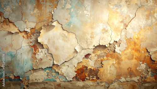 Textured background of an old weathered wall with peeling paint and cracks.