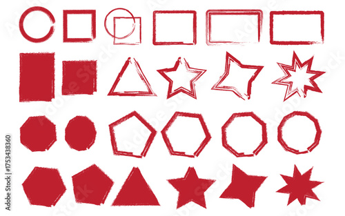 Collection of red grunge geometric shapes and stars isolated on transparent background